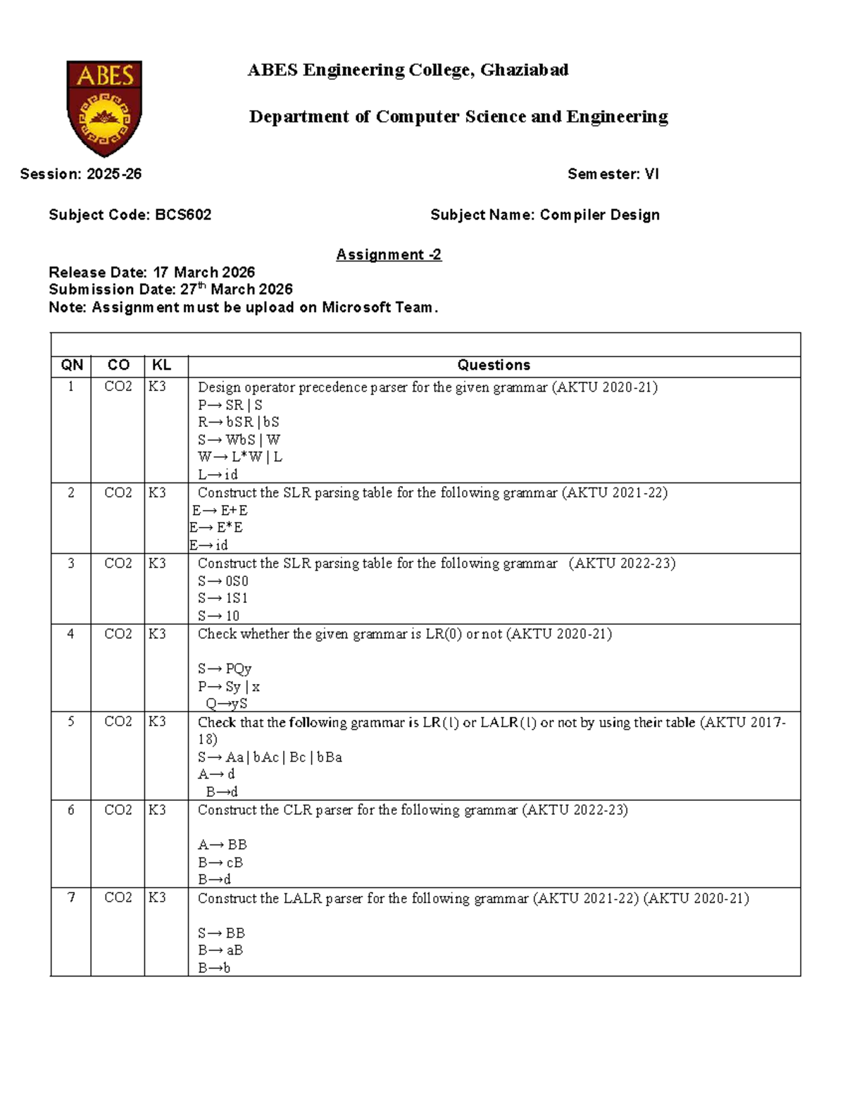 BCS602 Compiler Design Unit 2 Assignment (2025-26) - Studocu