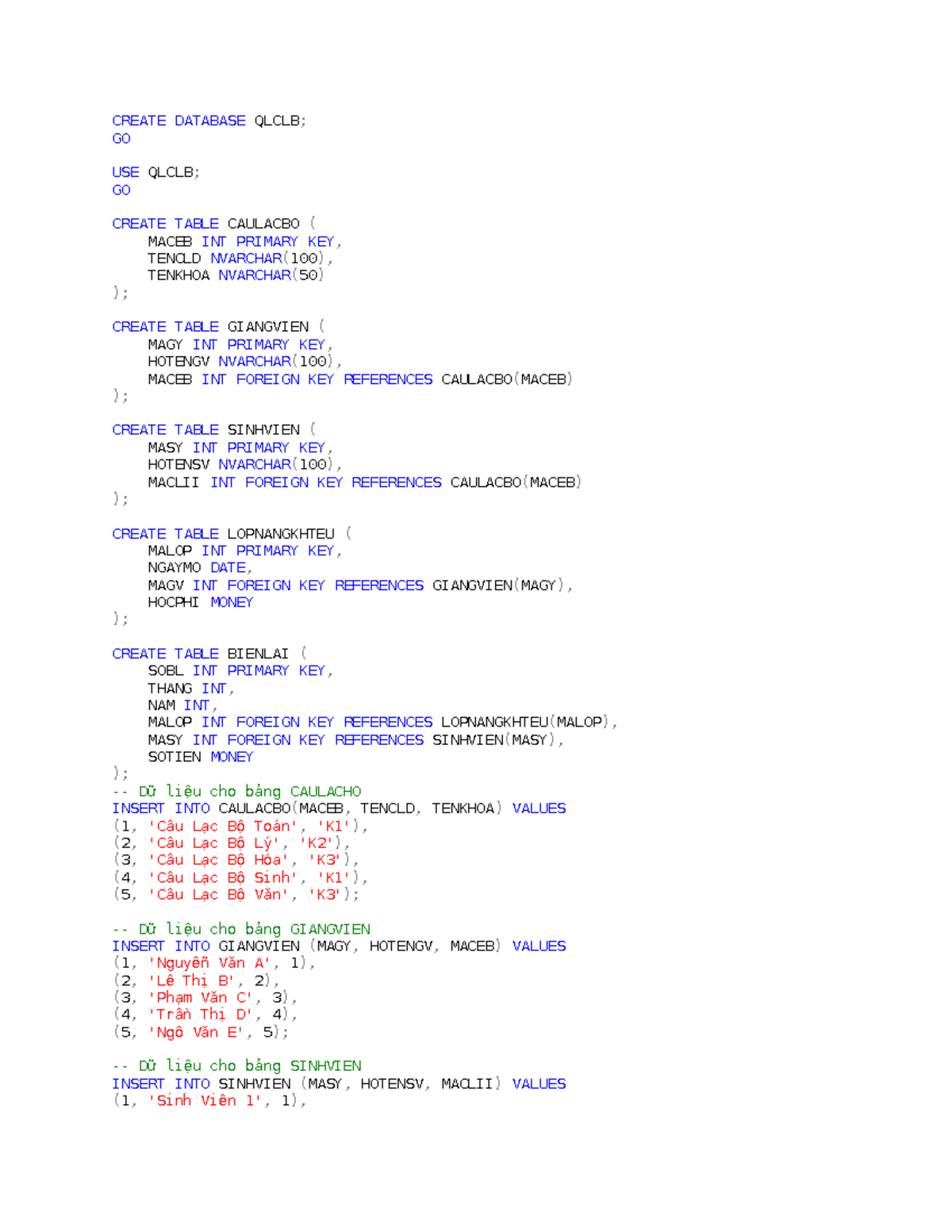 SQL Database Creation Script for Course QLCLB - KTRA GK - Studocu
