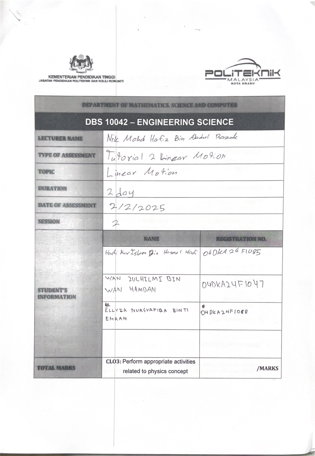 DBS 10042 Final Exam: Linear Motion Assessment and Analysis - Studocu