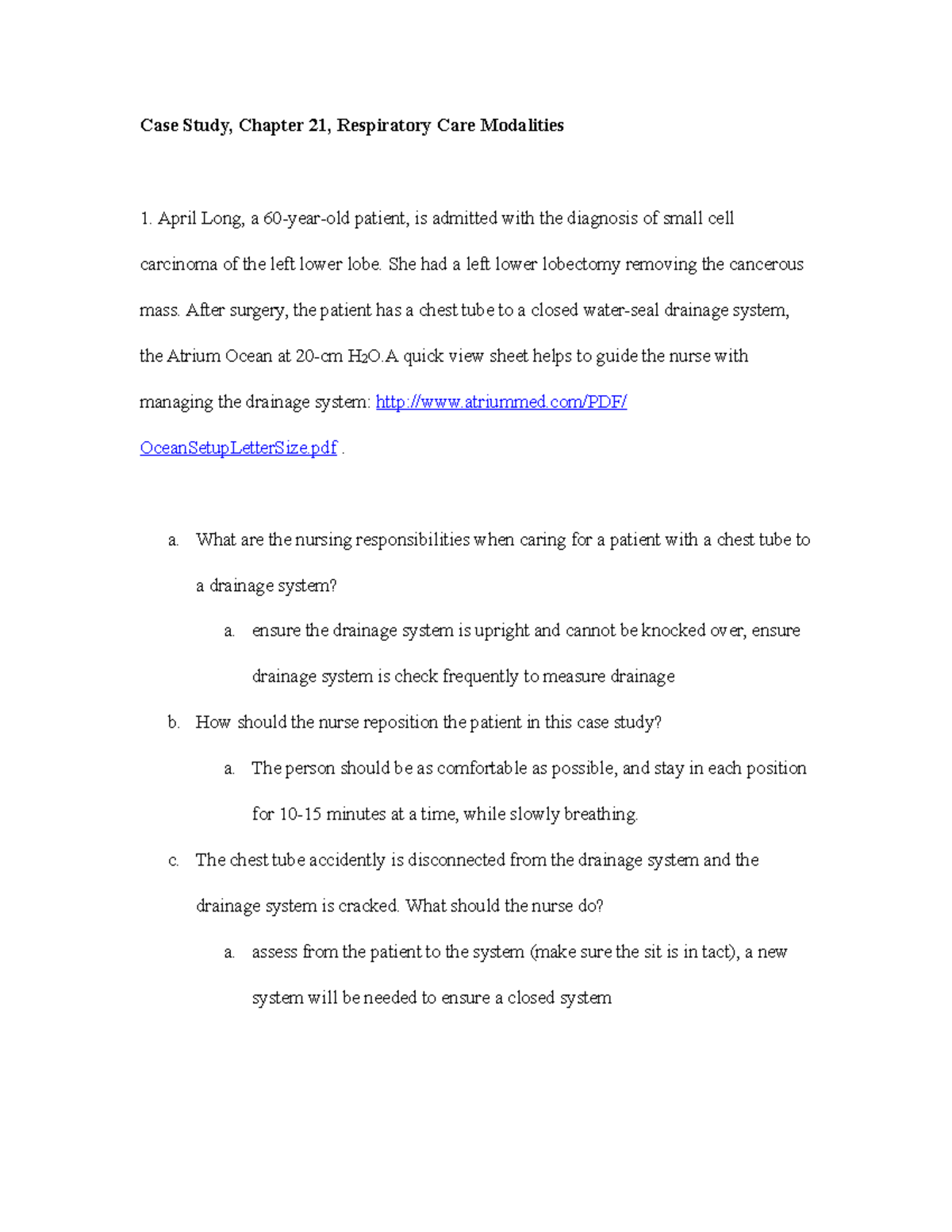 Case Study: Nursing Care for Chest Tubes in Respiratory Care - Studocu