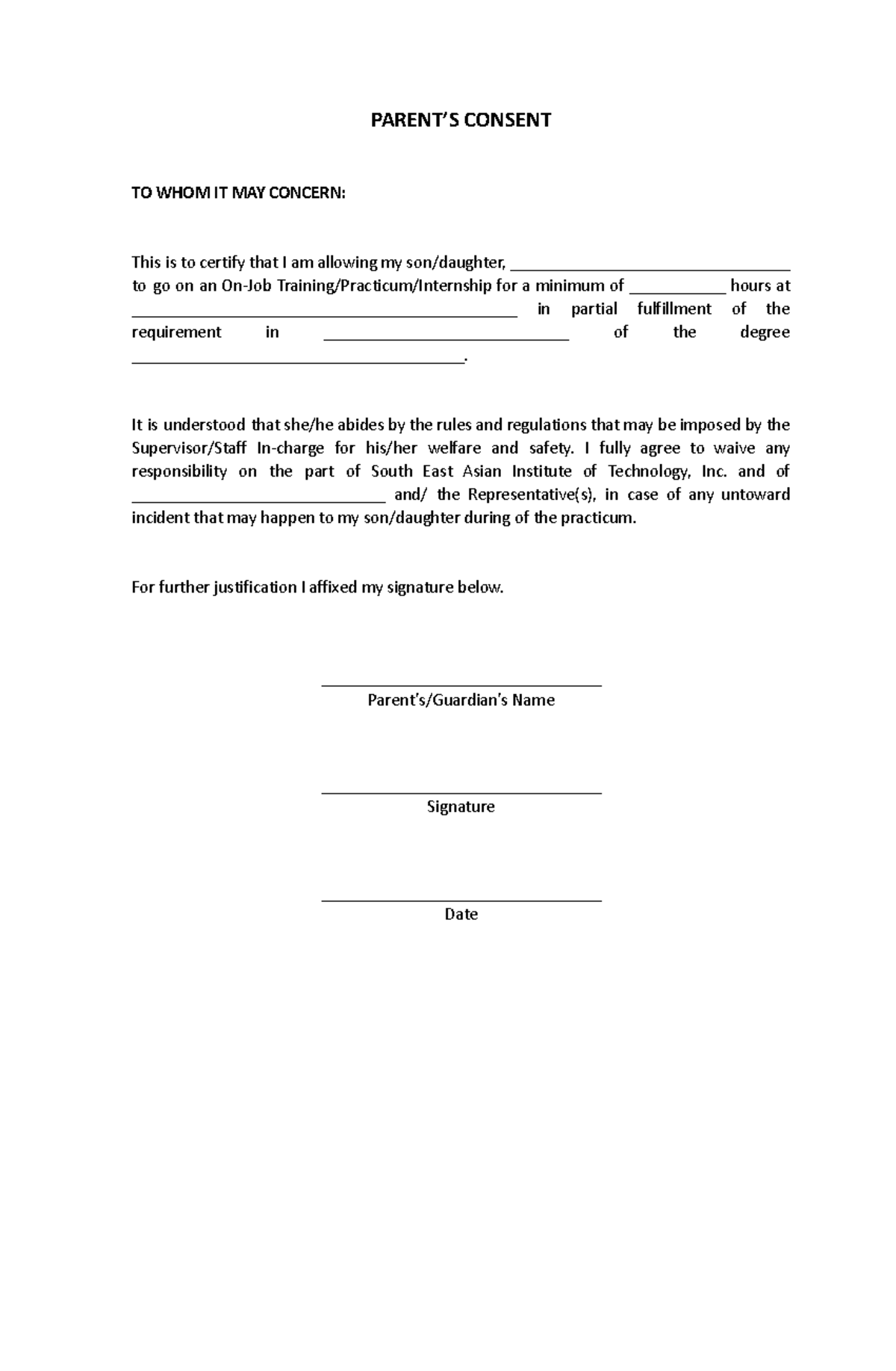 Parents' Consent Form for On-Job Training/Internship v1.1 s.6 - Studocu