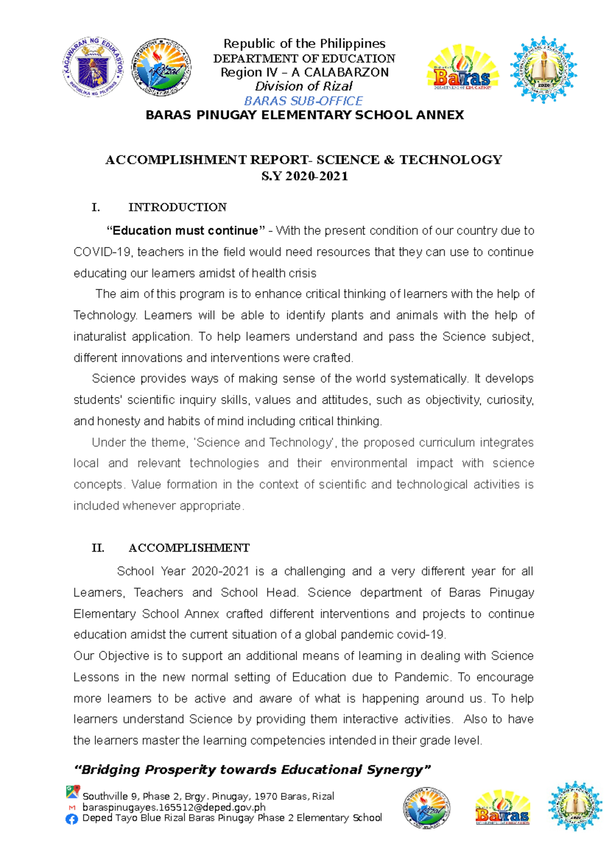 520454215 Accomplishment Report Science and Technology 2020 2021 ...