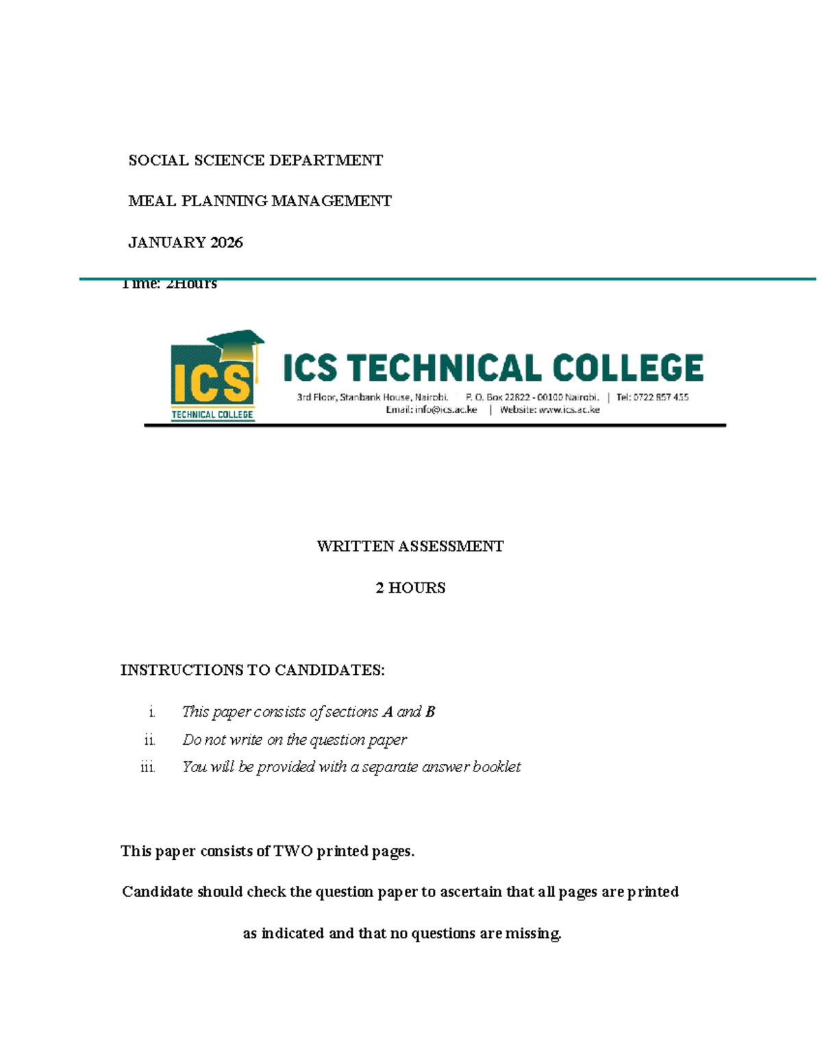 SOCIAL SCIENCE DEPT: Meal Planning Management Exam - Jan 2026 - Studocu