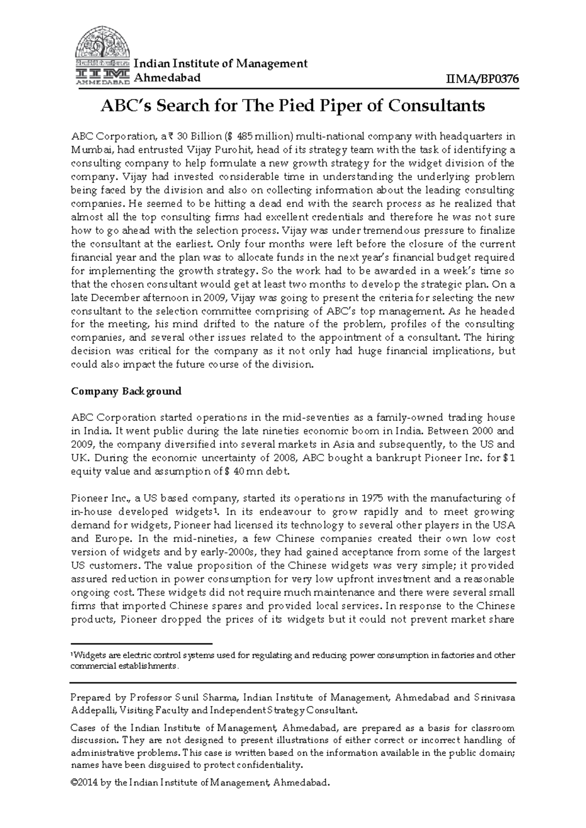 IIMA/BP Case Study: ABC Corp's Consultant Selection for Widget Strategy ...