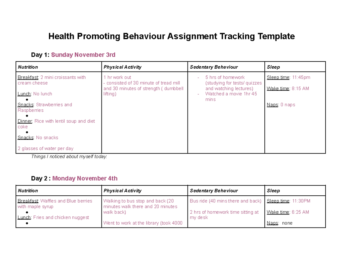 Part 2 of Health Promoting Behaviour Assignment Tracking Template ...
