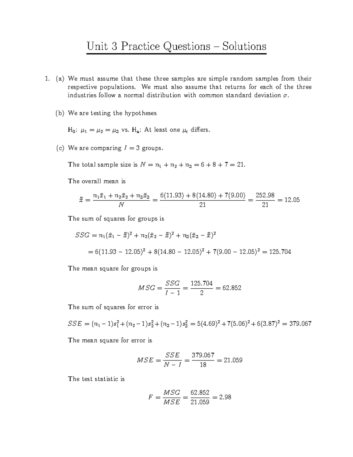 A3 Solutions - Unit 3 Practice Questions and ANOVA Analysis - Studocu