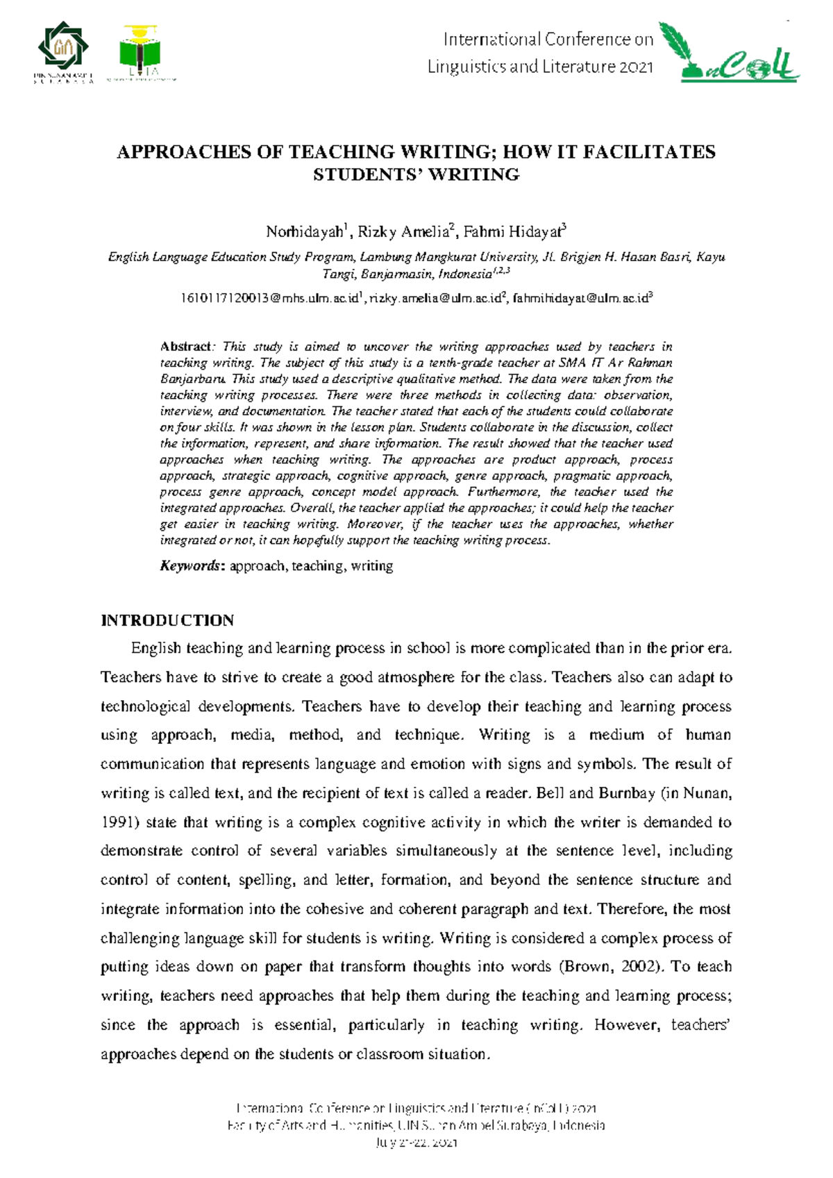 Teaching Approaches for Writing: Insights from SMA IT Ar Rahman (ELED ...