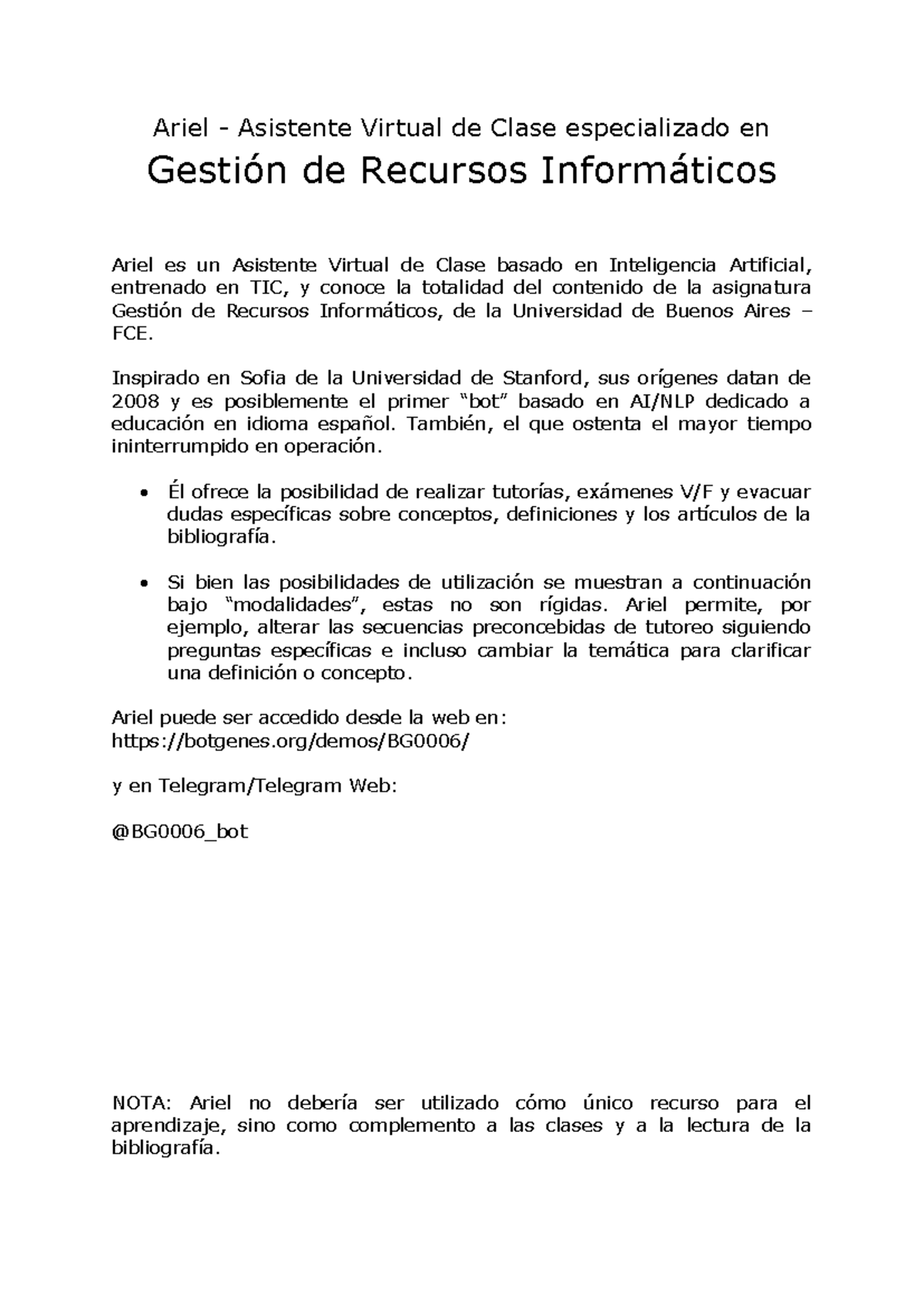 Ariel V1: Asistente Virtual en Gestión de Recursos Informáticos - Studocu
