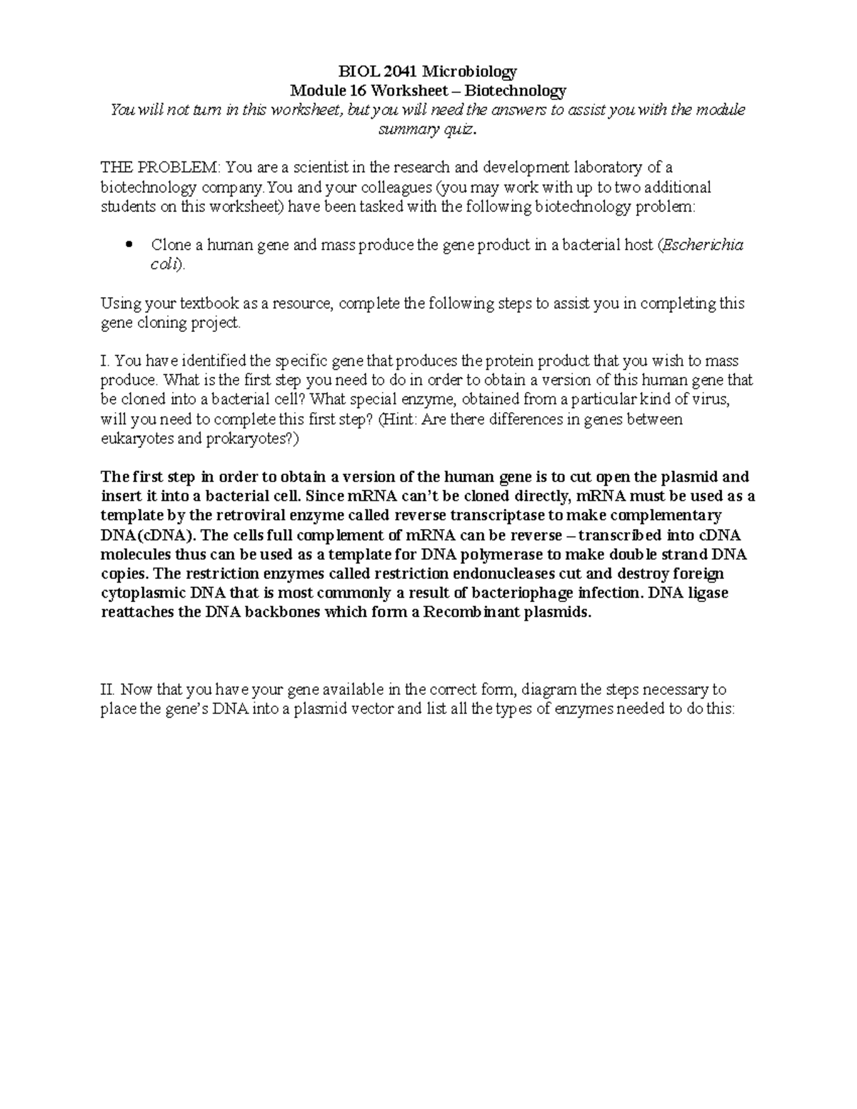 BIOL 2041 Module 16 Biotechnology Worksheet Guide - Studocu