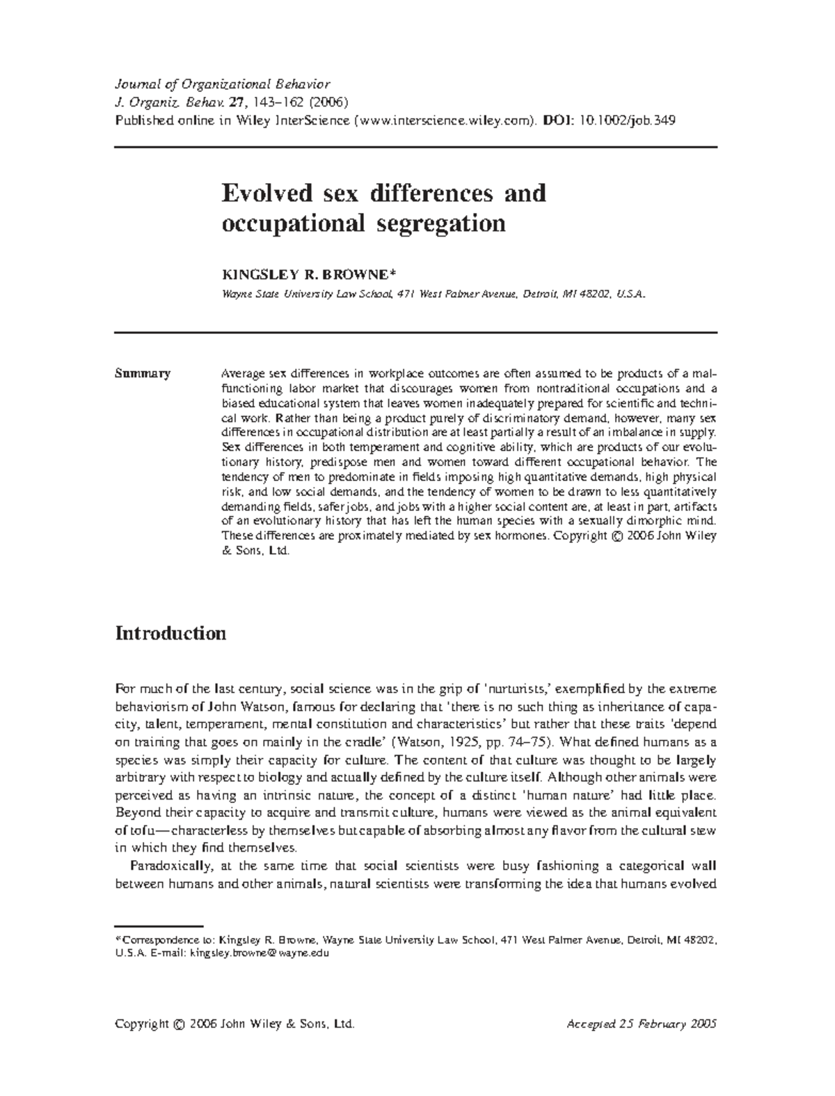 Evolved Sex Differences and Occupational Segregation in the Workplace ...