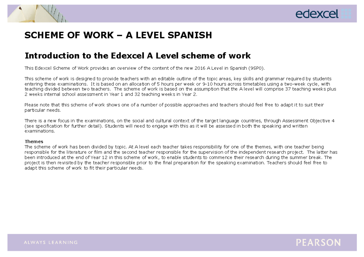 A Level Spanish Scheme of Work: Edexcel 2016 Overview and Themes - Studocu