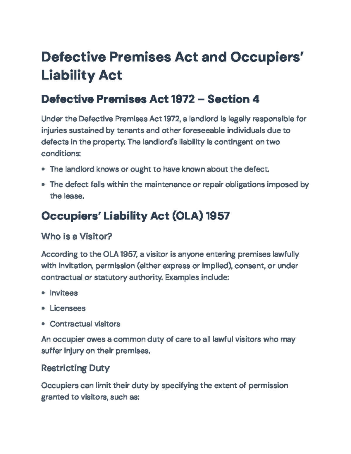 Defective Premises and Occupiers’ Liability Acts Overview (LAW101 ...