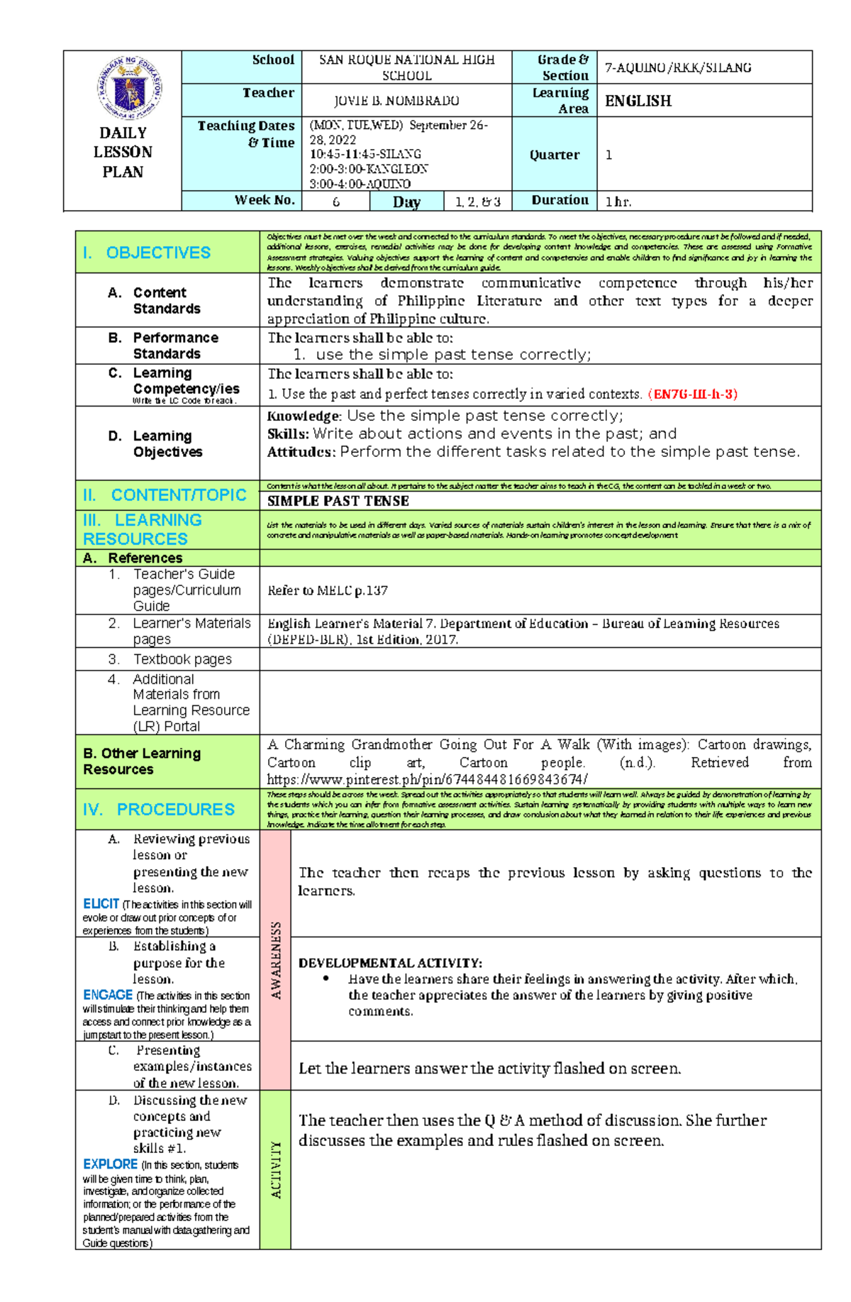 ENG 7 DLP Q1 WEEK 6 - SIMPLE PAST TENSE LESSON PLAN - Studocu