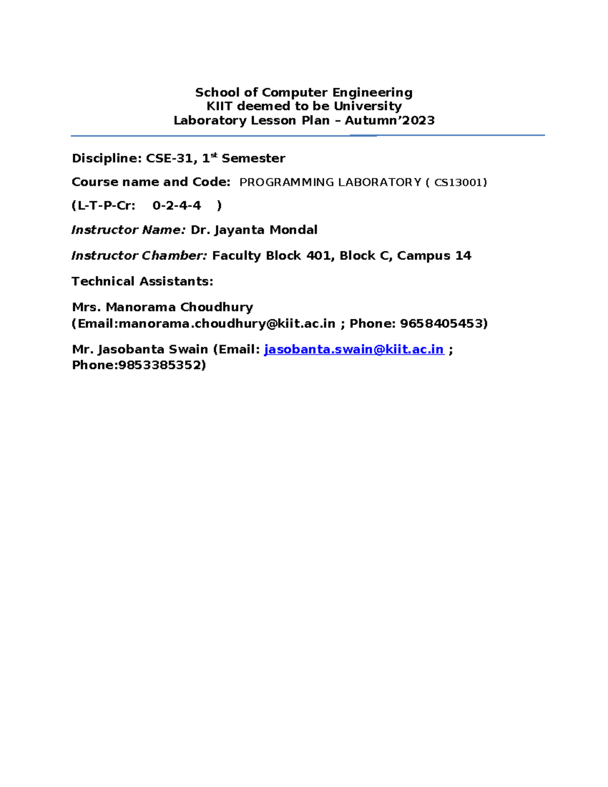 Programming Lab Lessson Plan 2023-v1 - School of Computer Engineering ...