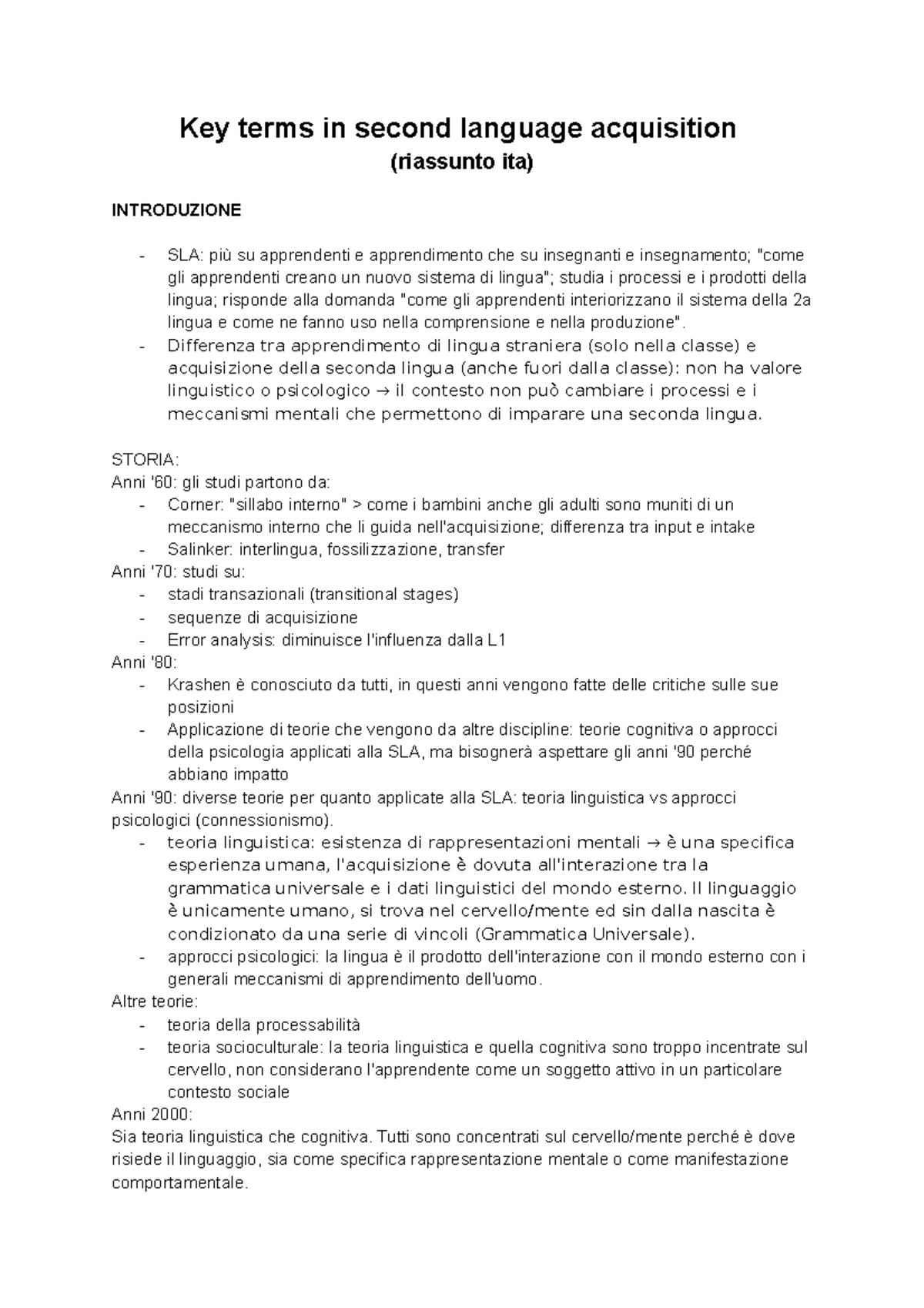 Key Terms in Second Language Acquisition - Riassunto Italiano - Studocu