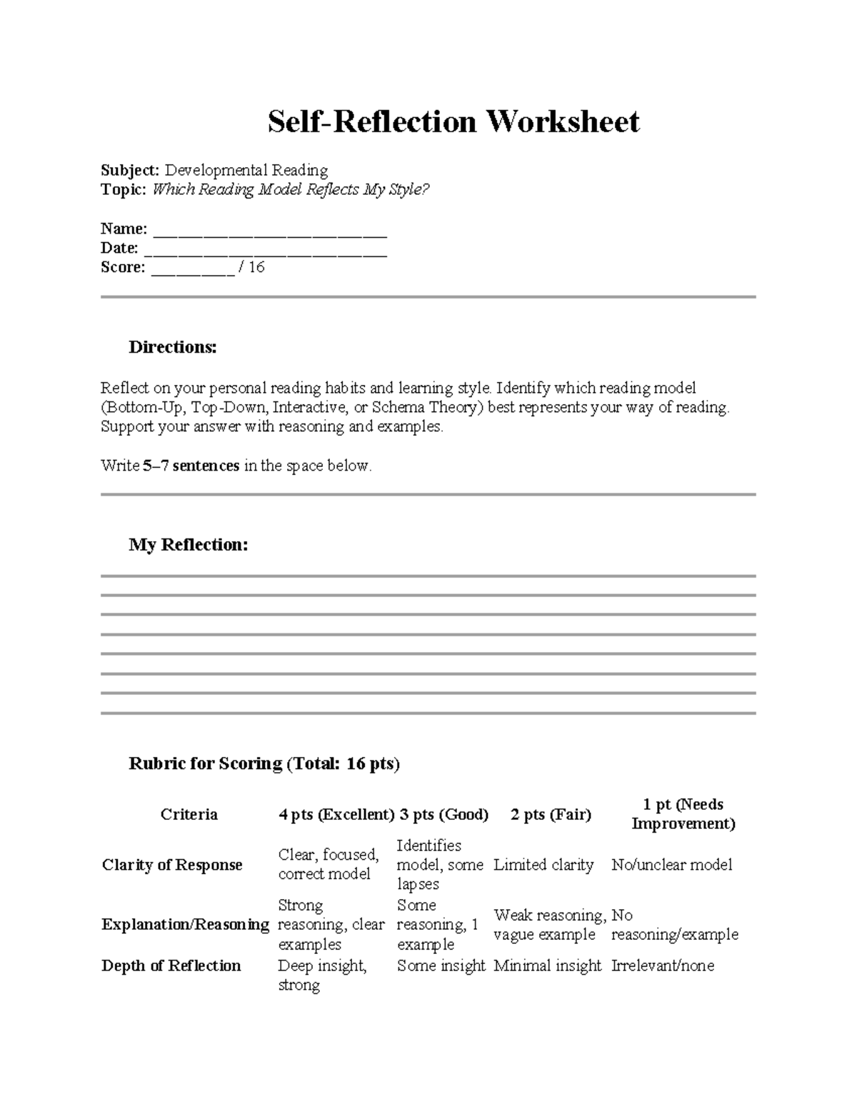 Developmental Reading Worksheet: Reflecting on My Reading Model - Studocu