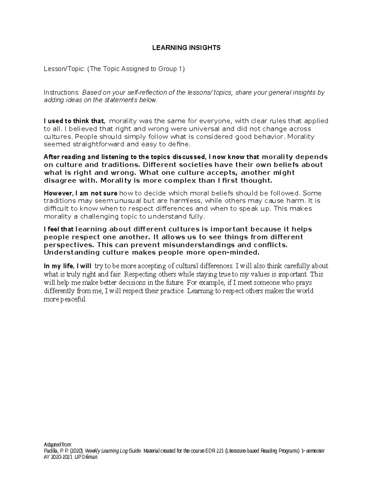 Learning Insights Philo 101 3892216 - LEARNING INSIGHTS Lesson/Topic ...