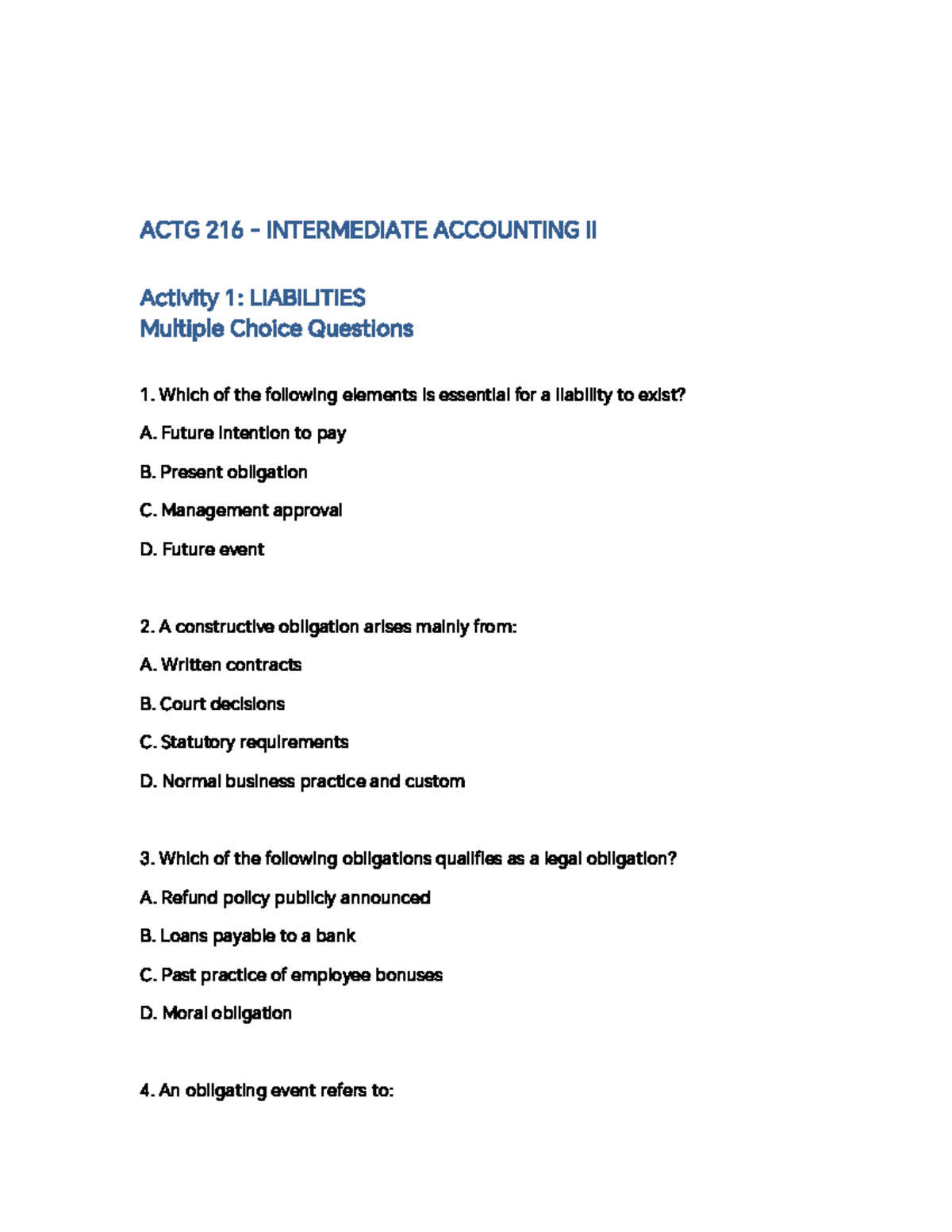 ACTG 216 INTERMEDIATE ACCOUNTING II: Liabilities MCQs Review - Studocu