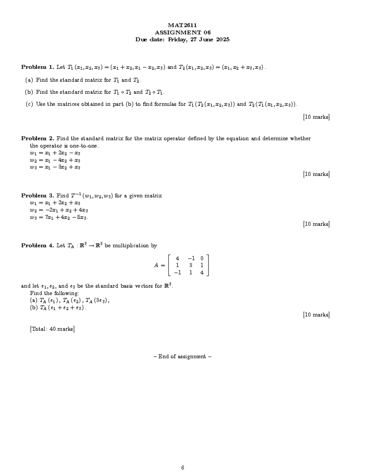 MAT2611 Assignment 05: Transition Matrices and Rank Problems - Studocu