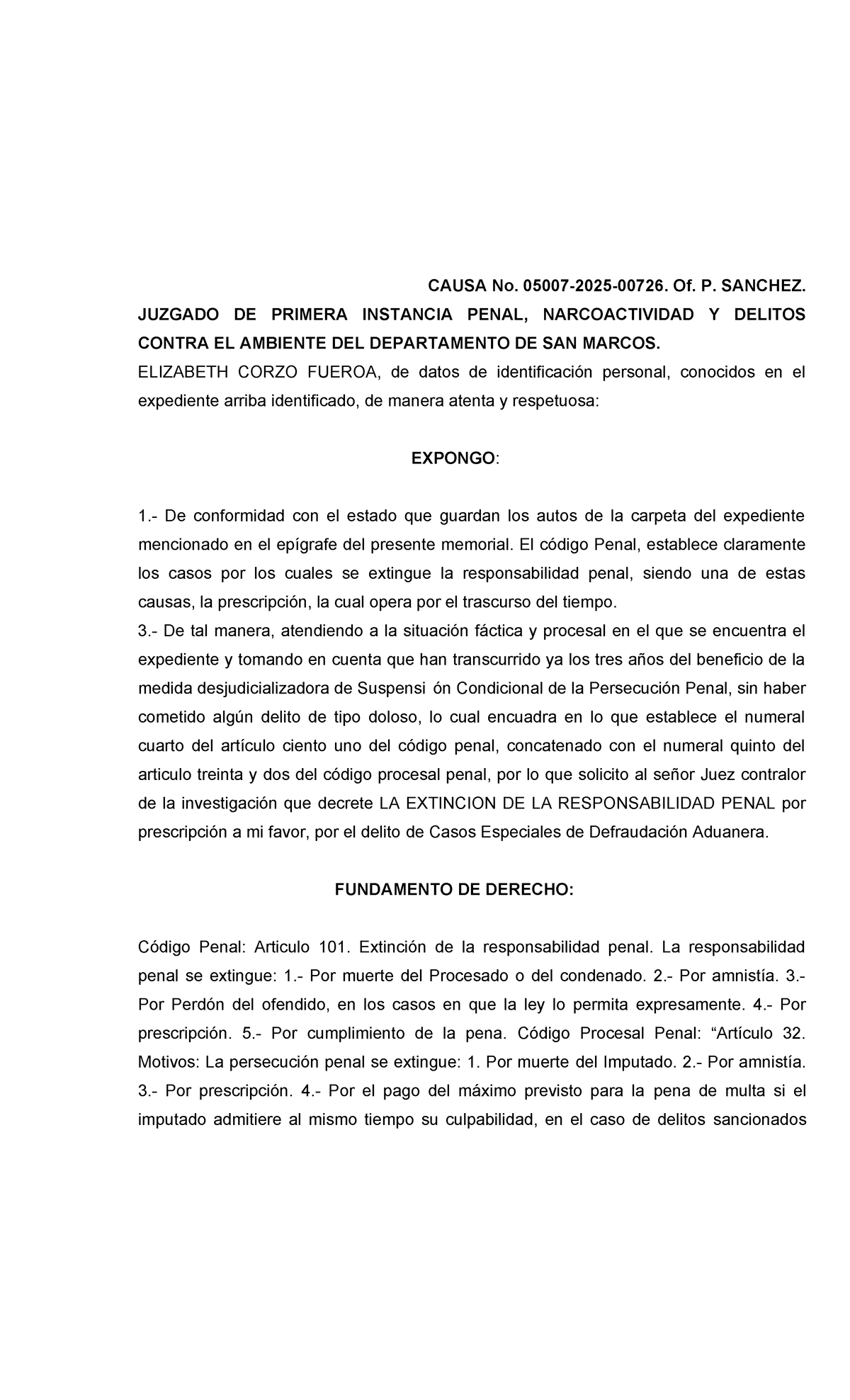 Memorial de Excepción por Extinción de la Persecución Penal - CAUSA No. P. - Document Preview