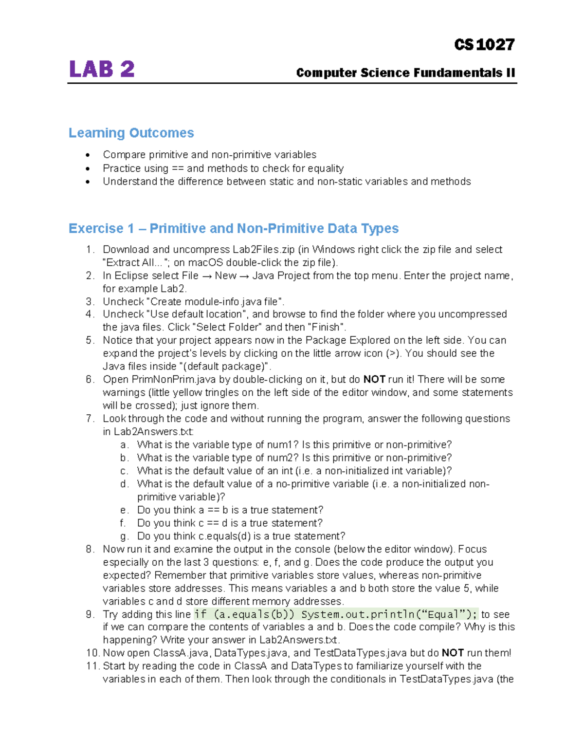 CS1027 LAB 2: Computer Science Fundamentals II - Learning Outcomes and ...