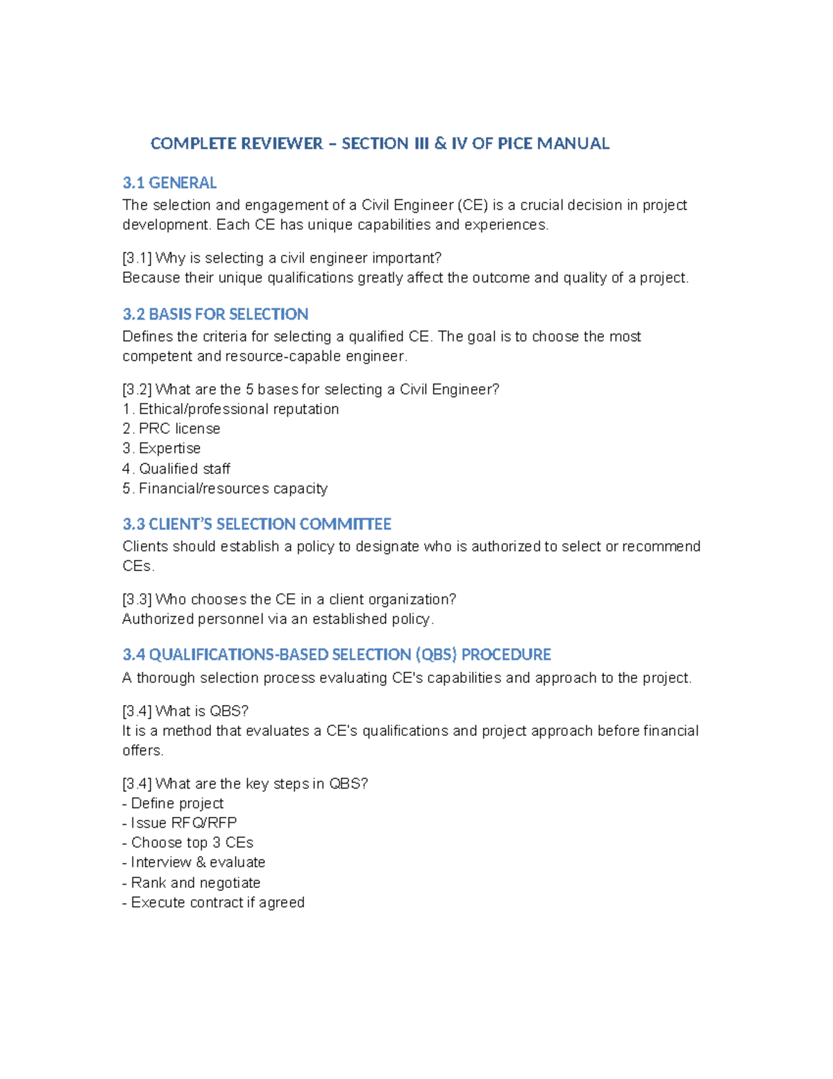 PICE 3.1 Section IV Reviewer: Selecting Civil Engineers and Contracts ...