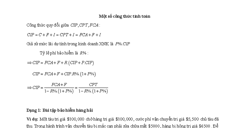 Bài tập tính toán - Bài tập tính toán cuối kì - Một số công thức tính ...