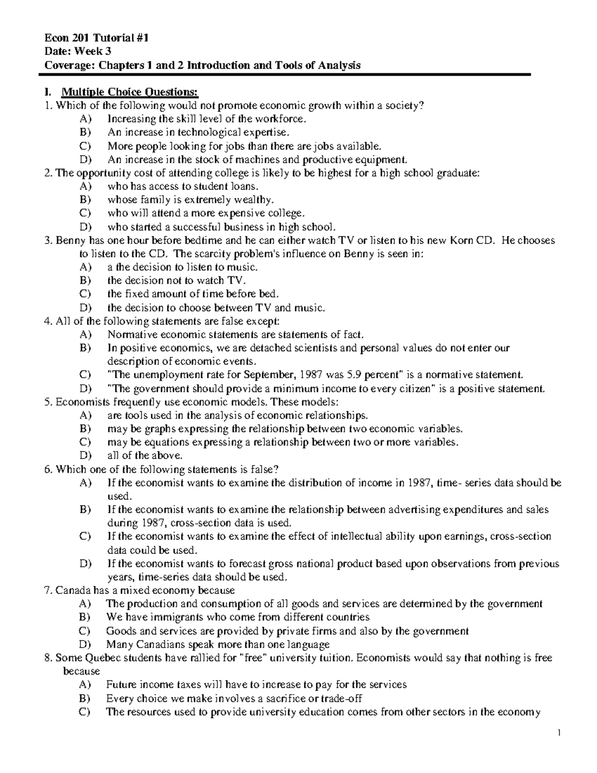 201-tutorial-1 - 1 Econ 201 Tutorial # Date: Week 3 Coverage: Chapters ...