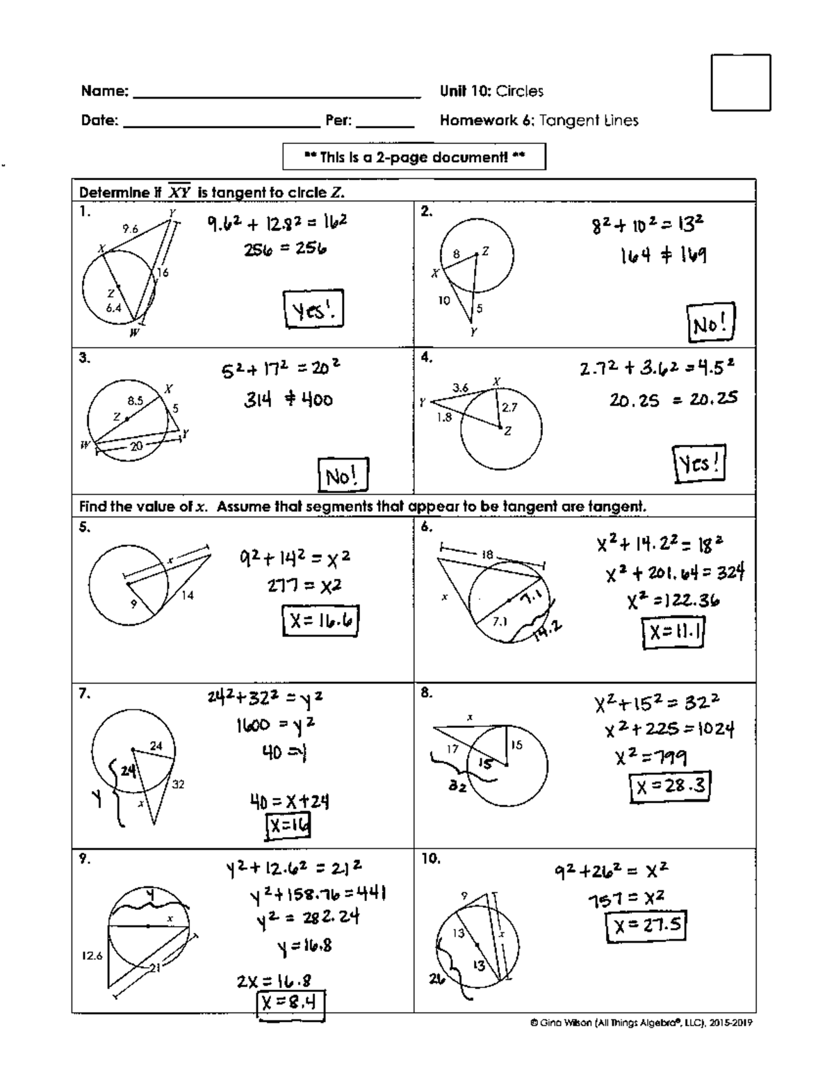Unit 10: Circles Homework Answers - Tangent Lines - Studocu