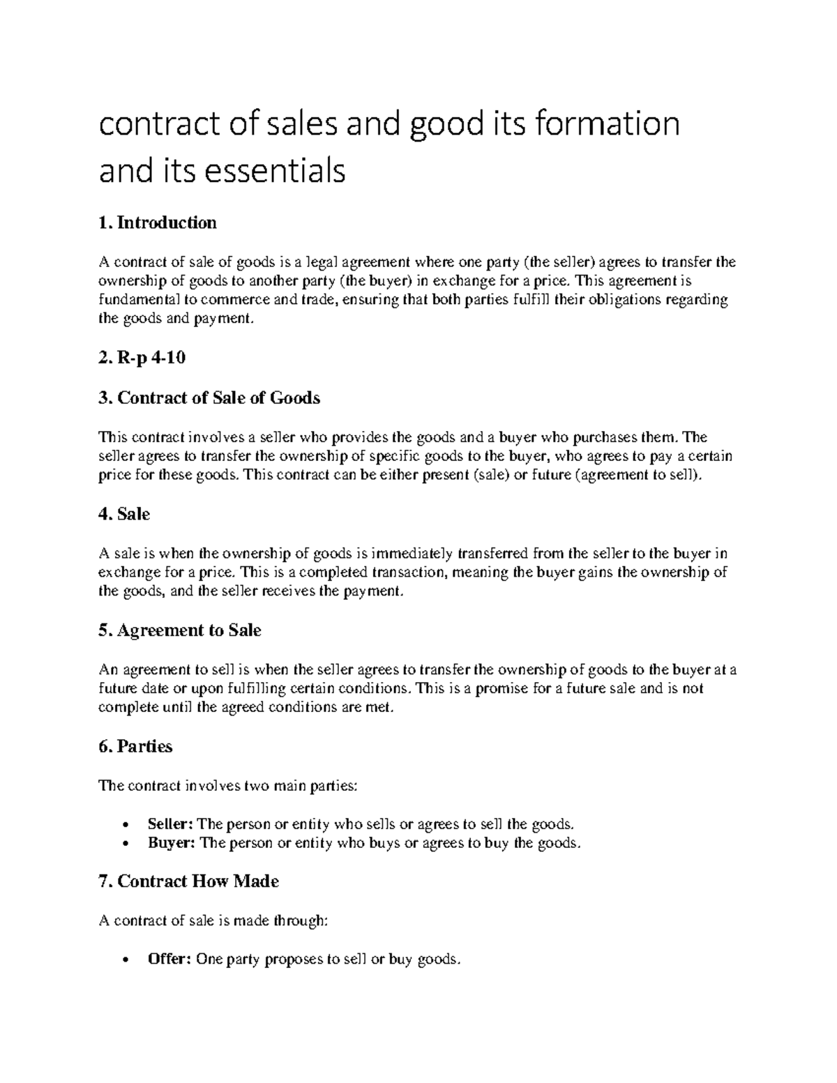 Contract of Sale of Goods: Formation and Essentials Overview - Studocu