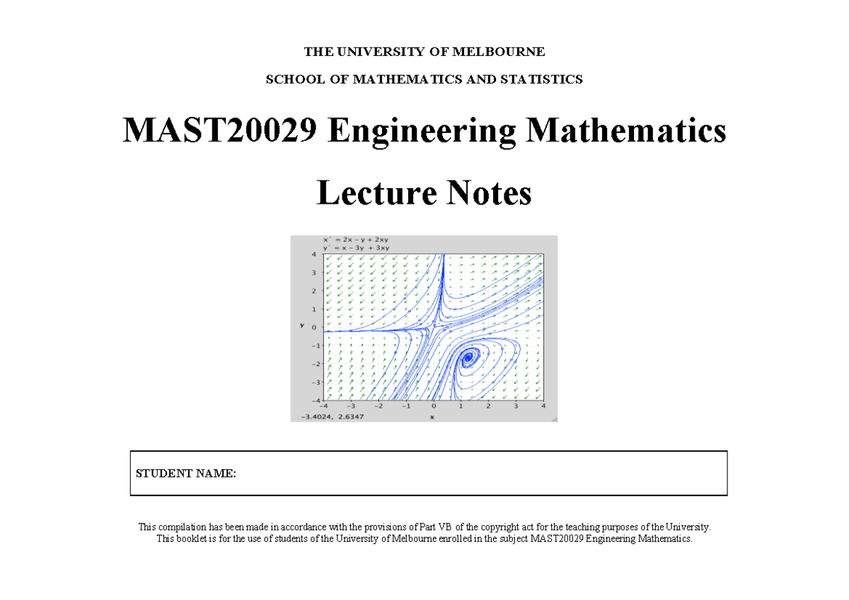 MAST20029 Engineering Mathematics Lecture Notes - Vector Calculus 2024 ...