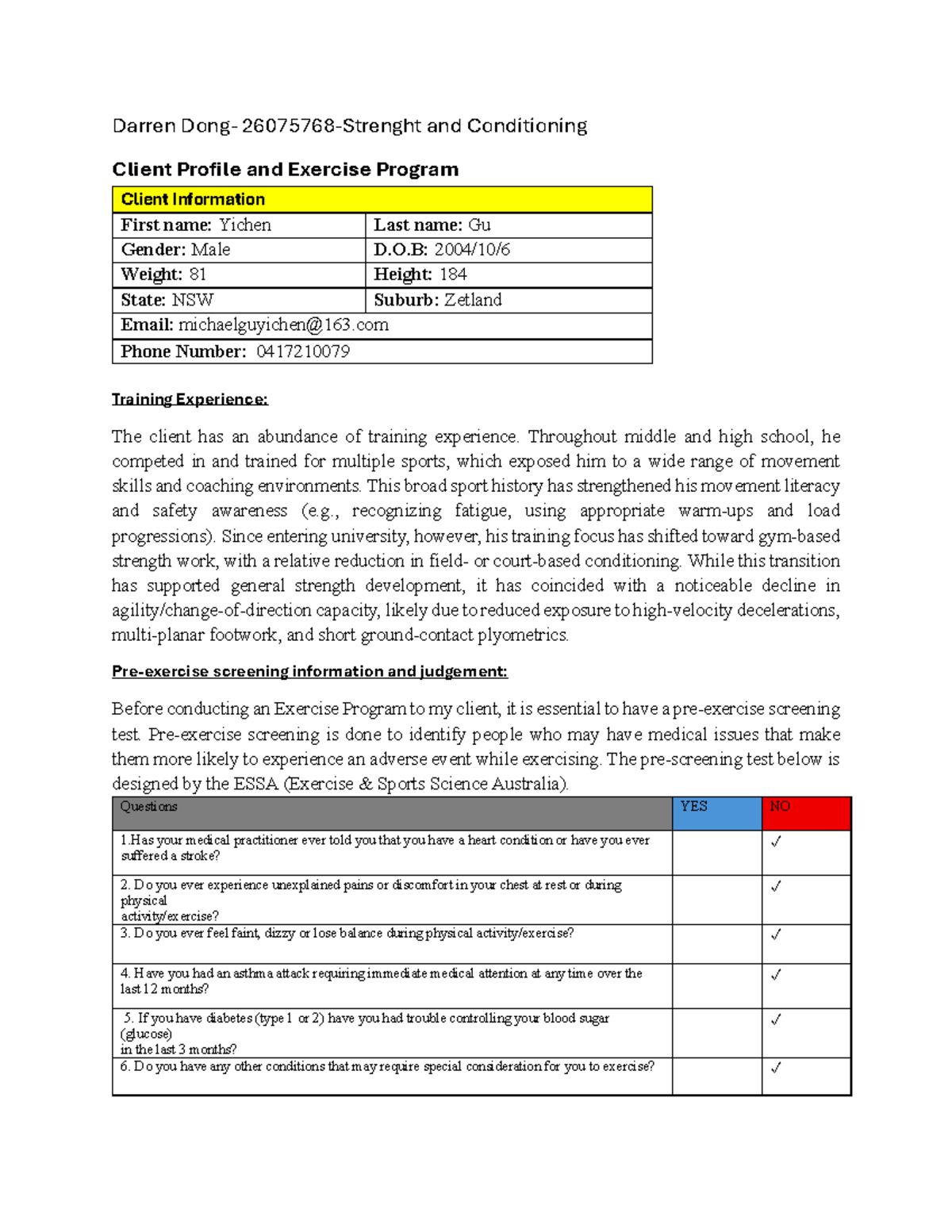 Strength and Conditioning Assessment 2: Client Profile & Program - Studocu