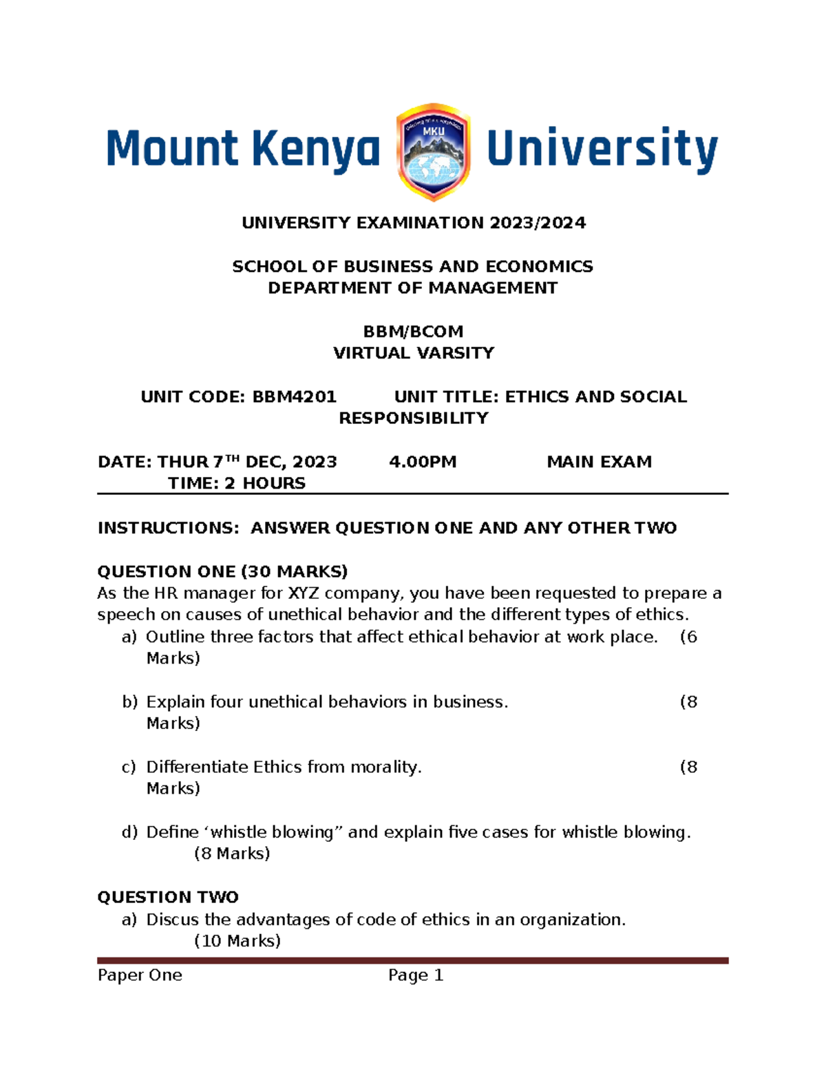 Final Exam BBM4201 - Ethics and Social Responsibility - 2023/2024 ...