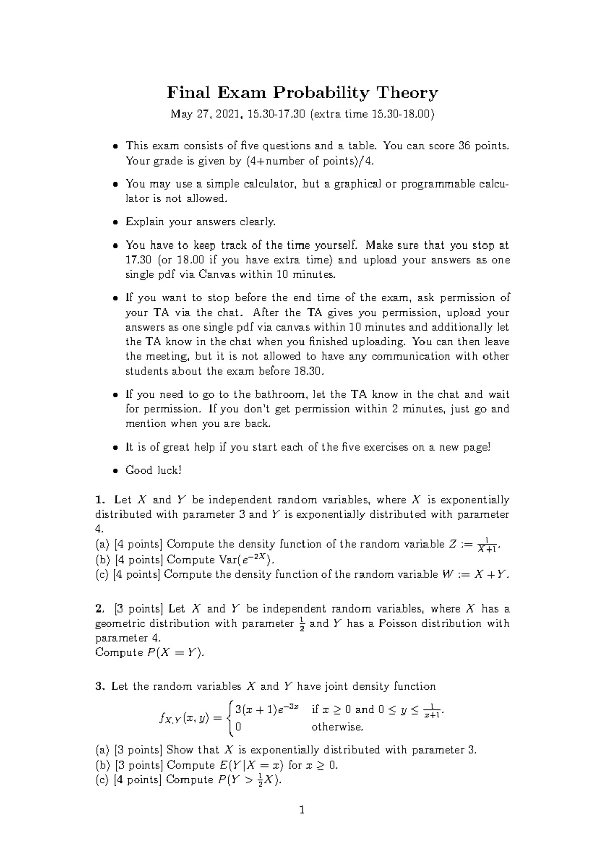Final Exam Probability Theory Guidelines and Questions - May 2021 ...