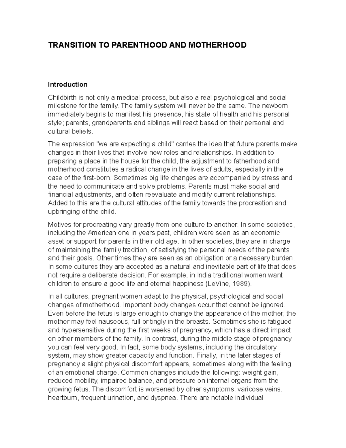 Transition to parenthood and motherhood - TRANSITION TO PARENTHOOD AND ...