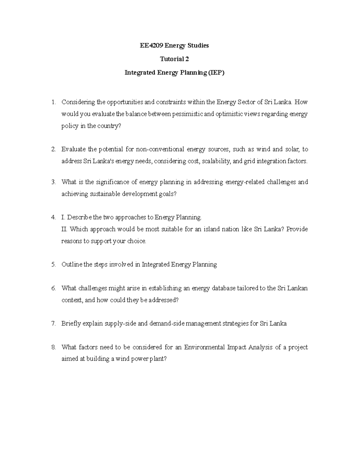 EE4209 - Tutorial 2 - IEP - EE4209 Energy Studies Tutorial 2 Integrated ...
