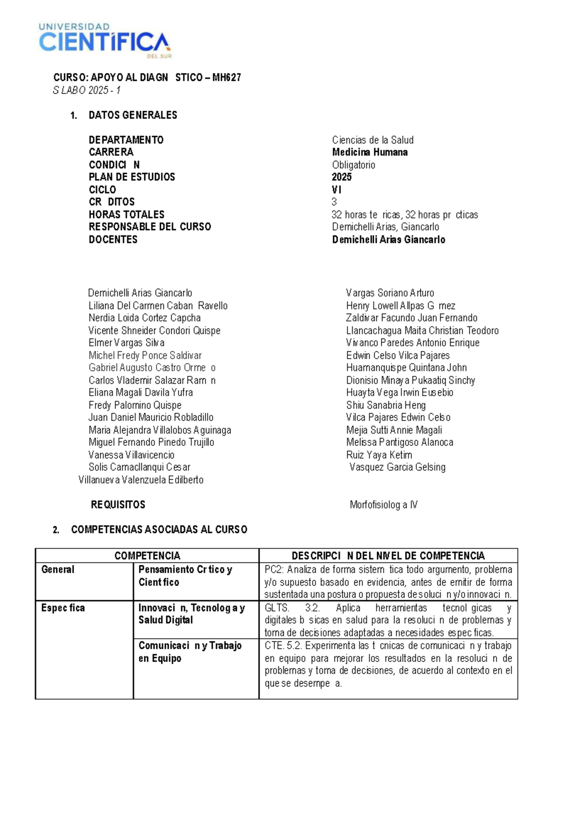 Sílabo del Curso Apoyo al Diagnóstico MH627 - 2025-1 - Document Preview