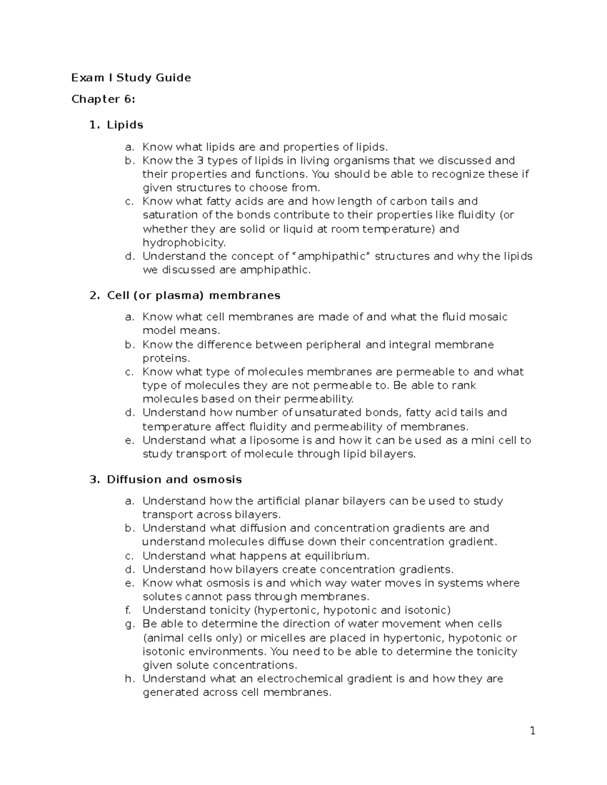 Biology 101: Exam I Study Guide on Lipids & Membrane Transport - Studocu