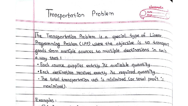 Transportation Problem: Classmate Notes for MATH 201 - Studocu
