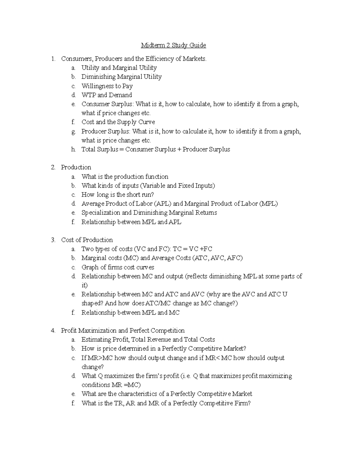 Midterm 2 Study Guide for Economics: Consumers, Production & Markets ...