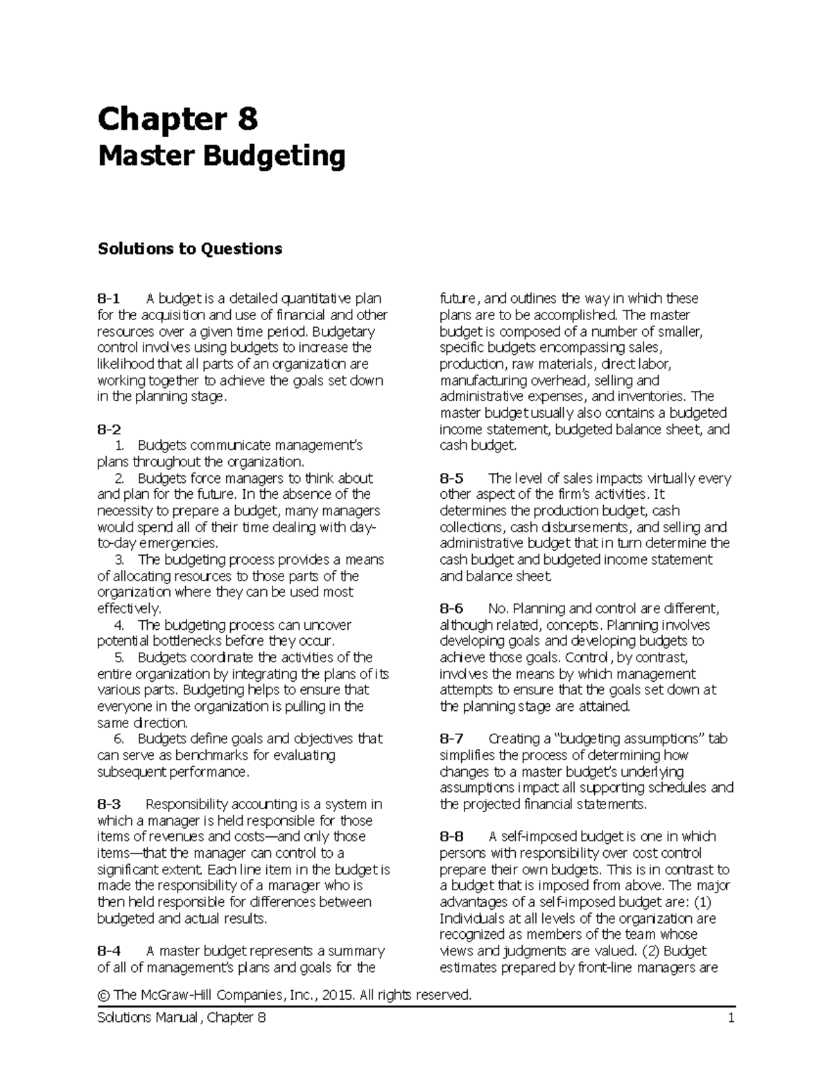 Chapter 8 - Summary of Master Budgeting in Managerial Accounting - Studocu