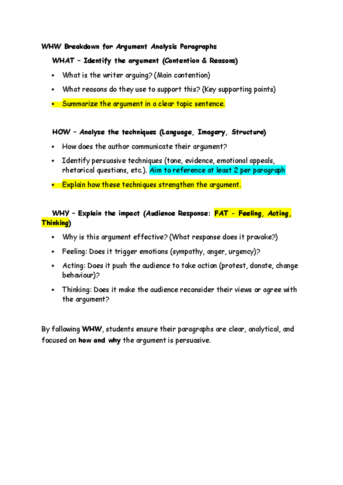 Y10 AA - WHW Breakdown for Argument Analysis Paragraphs - Studocu