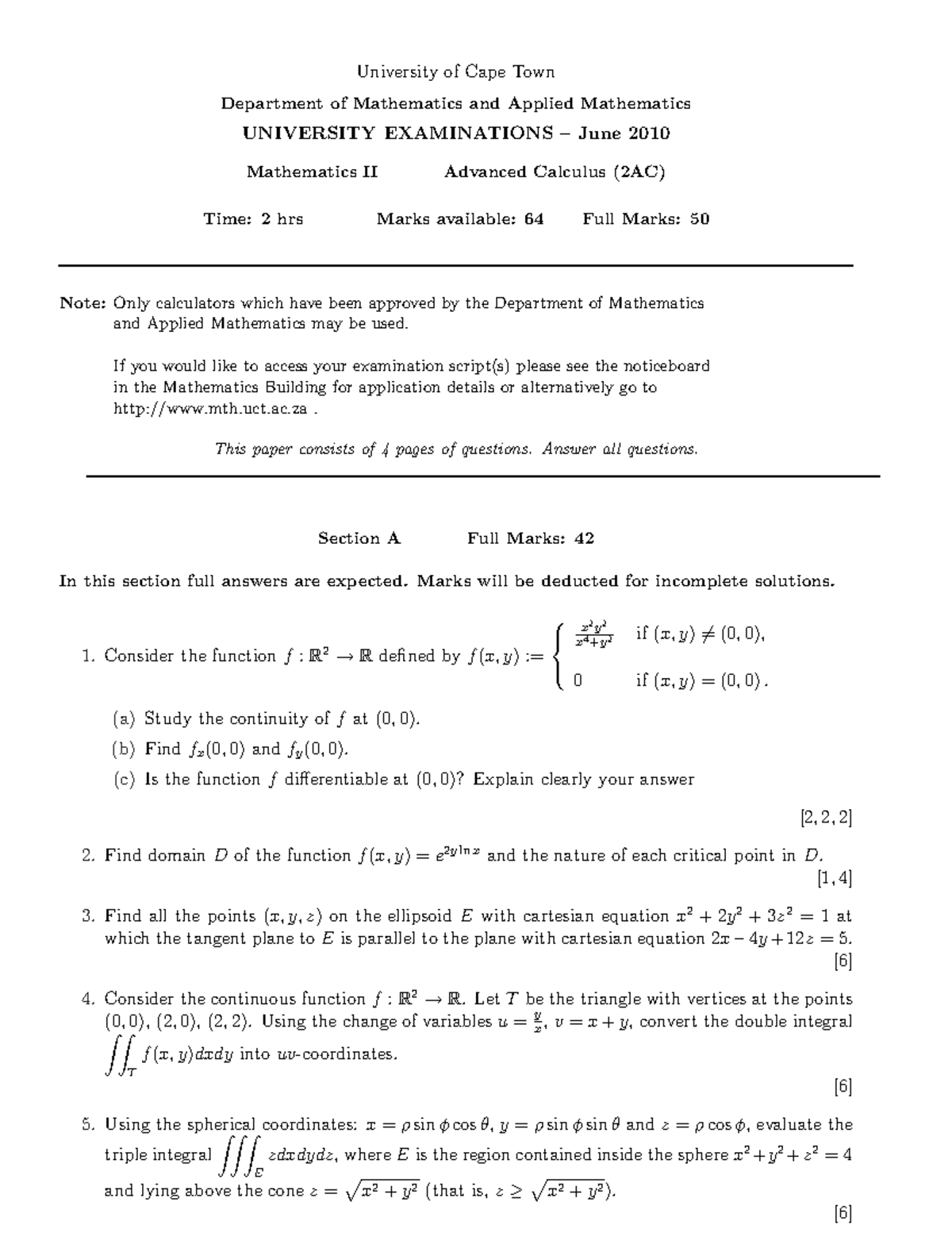 Mathematics II (2AC) Final Exam June 2010 - Advanced Calculus - Studocu