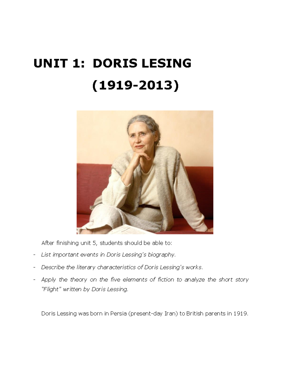 Doris lesing - help - UNIT 1: DORIS LESING (1919-2013) After finishing ...