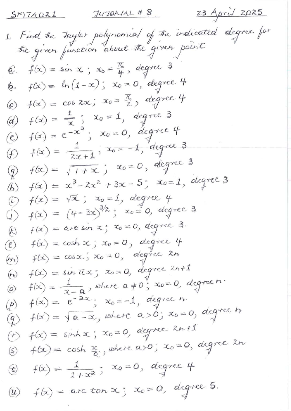 SMTA021 Tutorial 8: Taylor Polynomials and Degrees (April 2025) - Studocu