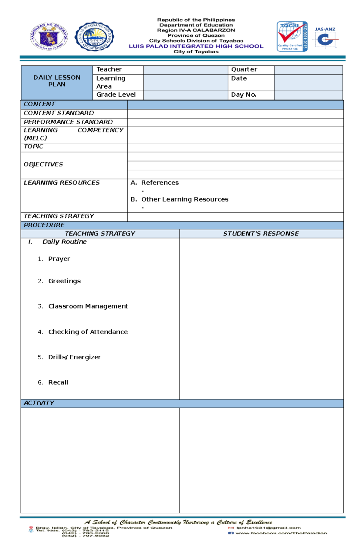 DLP- Format - Easy guide for making DLP - DAILY LESSON PLAN Teacher ...