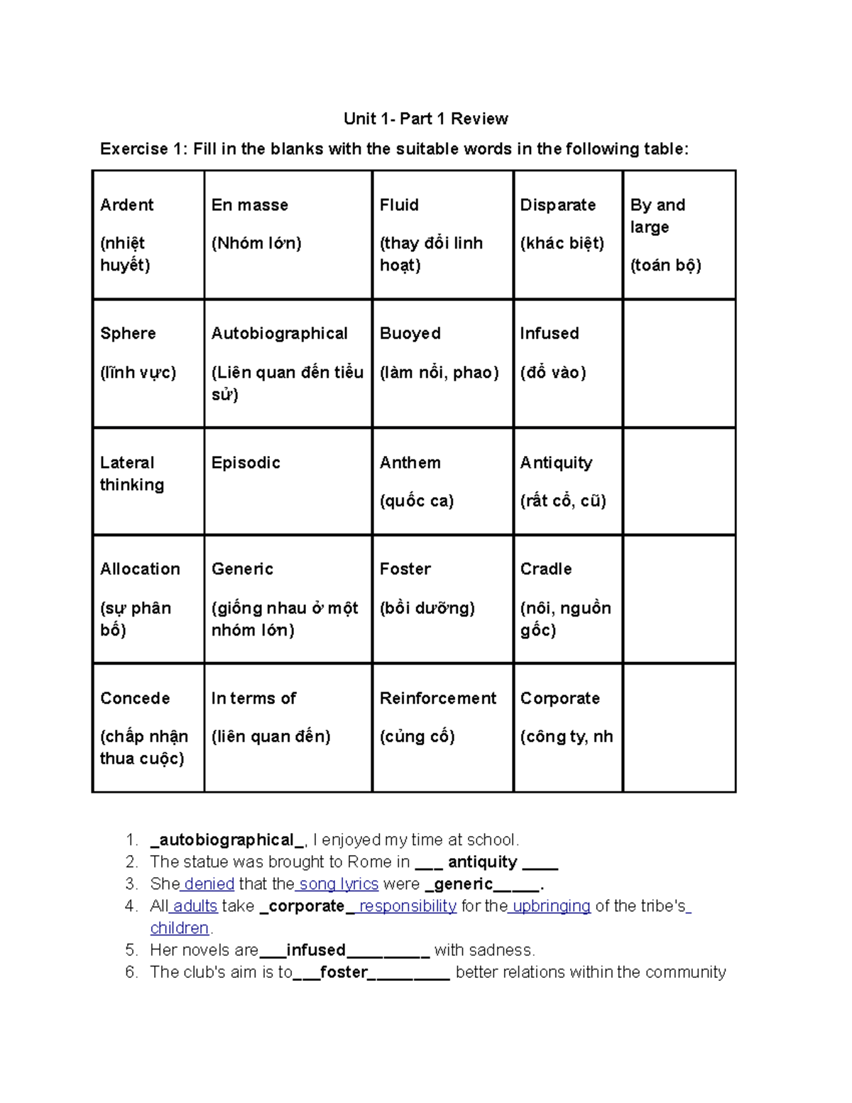 Unit 1 Extra Reading Exercise: Vocabulary and Comprehension Review ...