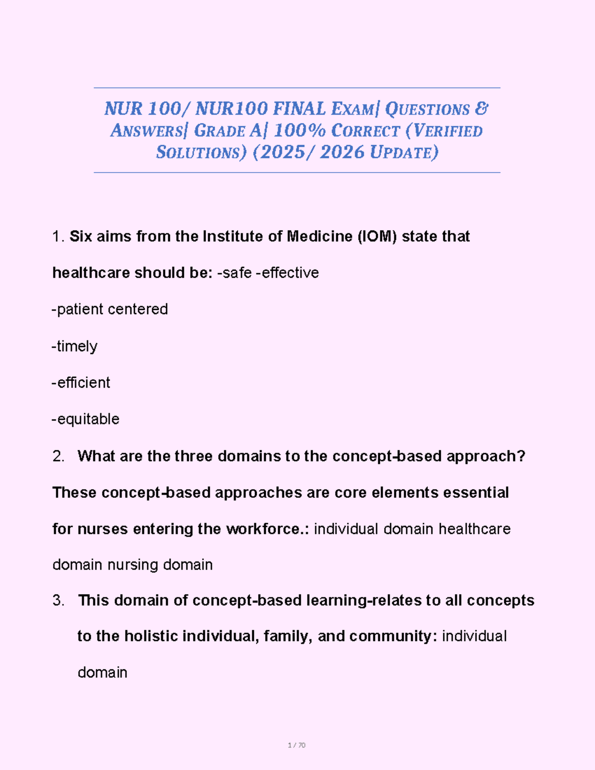 NUR100 Final Exam Practice Questions and Verified Solutions - Studocu