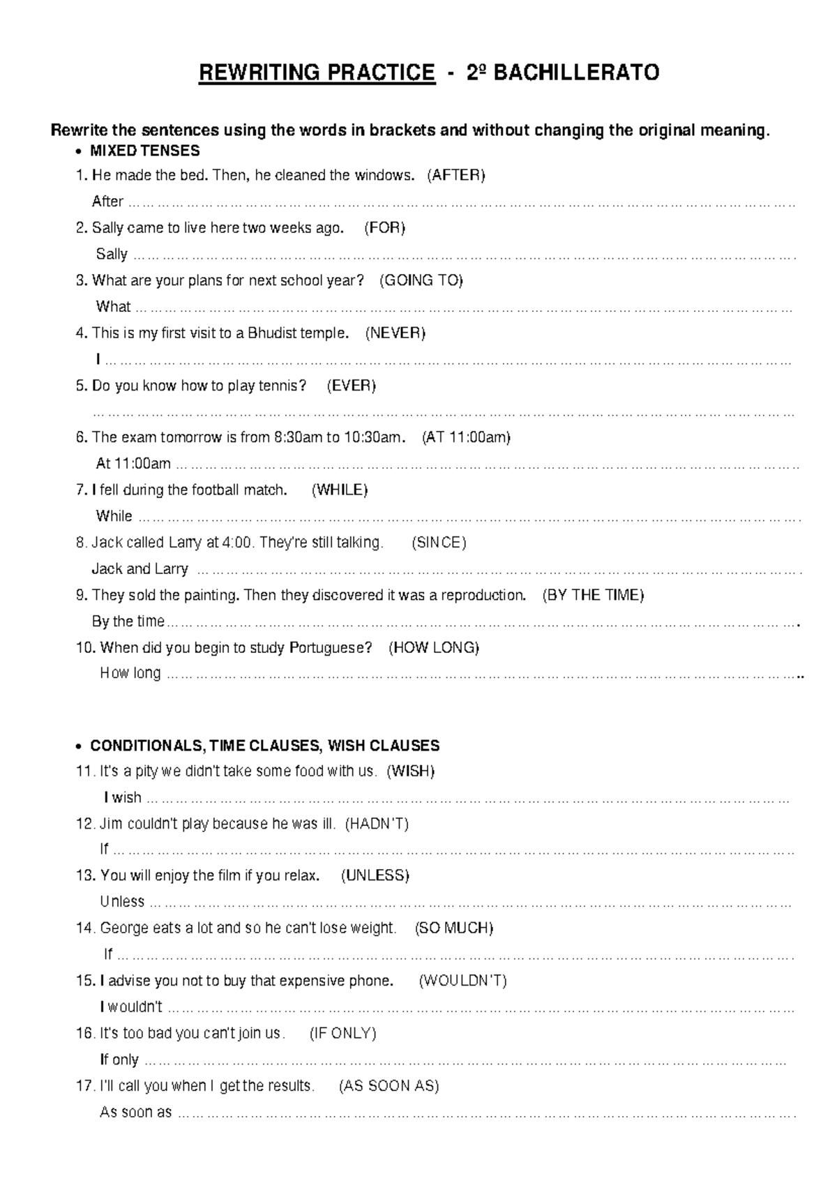 Rewriting Practice CC - REWRITING PRACTICE - 2º BACHILLERATO Rewrite ...