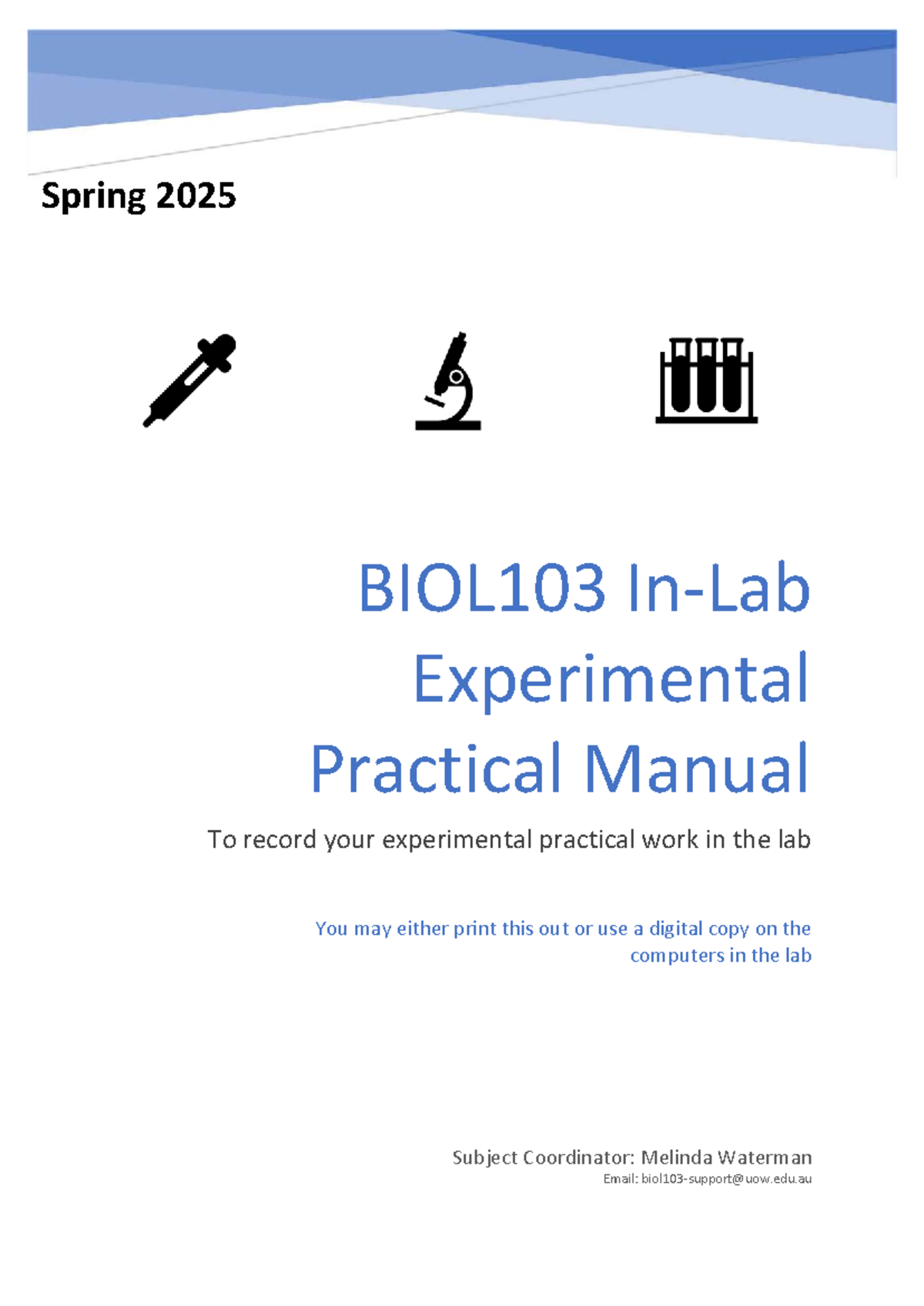 BIOL103 Spring 2025 In-Lab Practical Manual for Experiments - Studocu